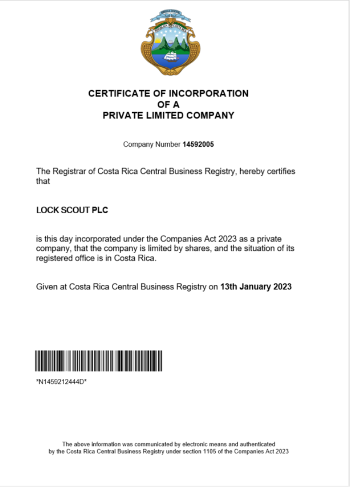 Costa Rica certificate of registration Word and PDF template